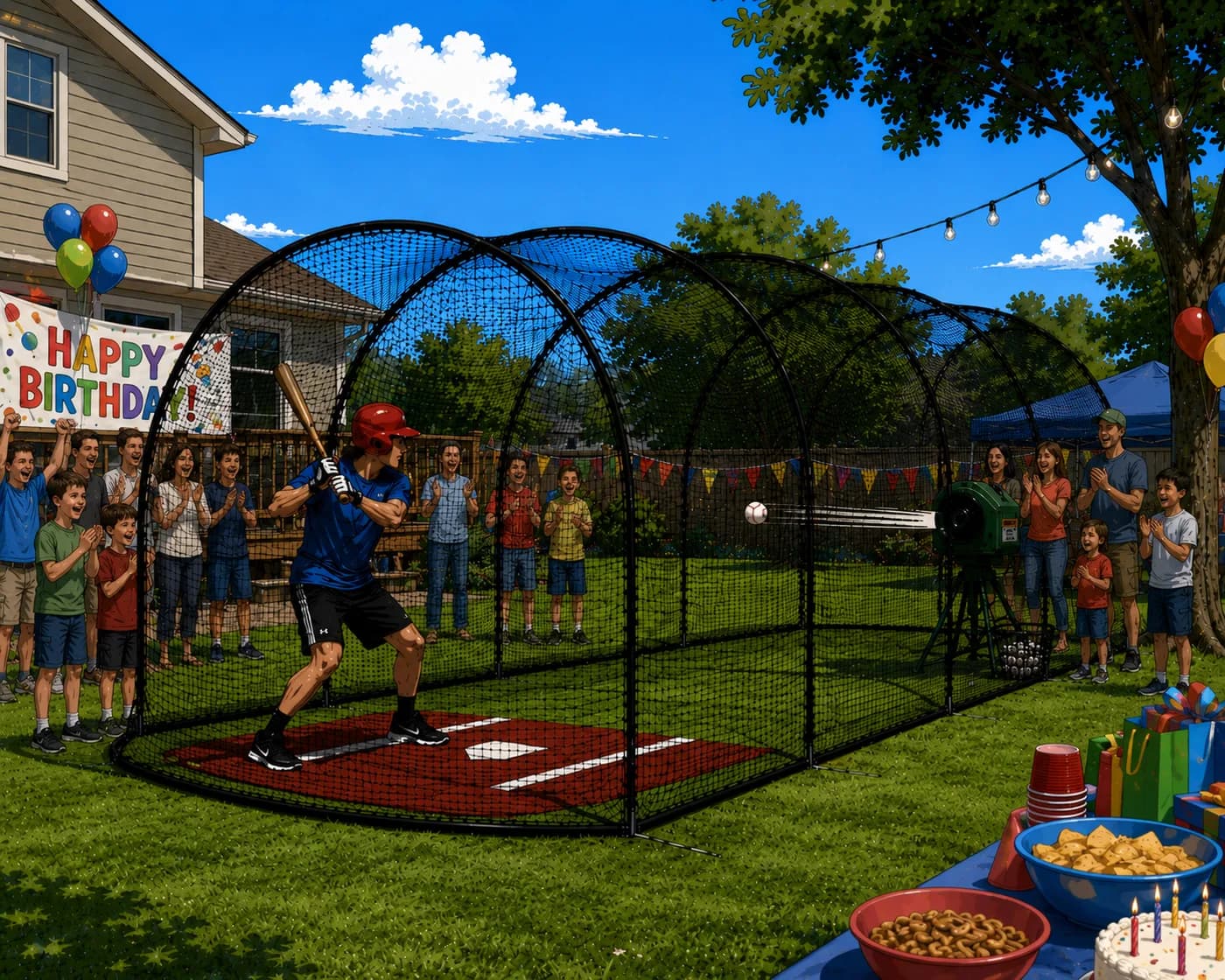 The Inning Zero batting tunnel set up in a back yard for a birthday party, with guests watching a player hit