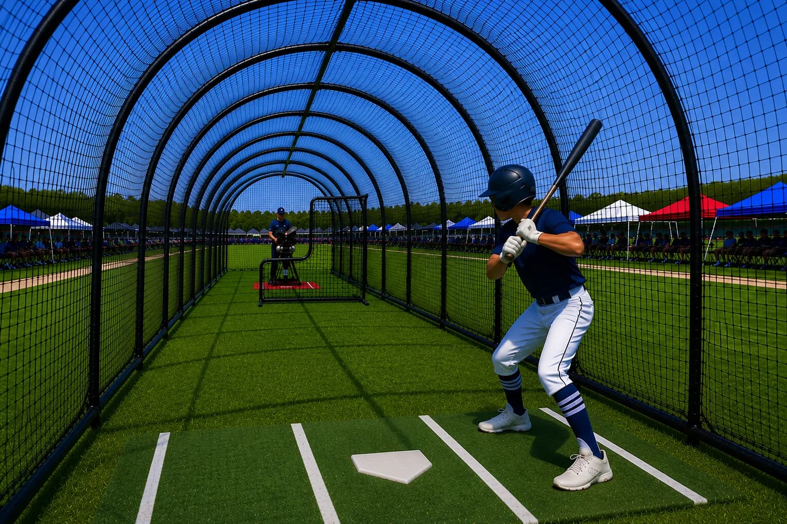 View from inside the batting tunnel: a player in the batter's box with the pitching machine and operator at the far end