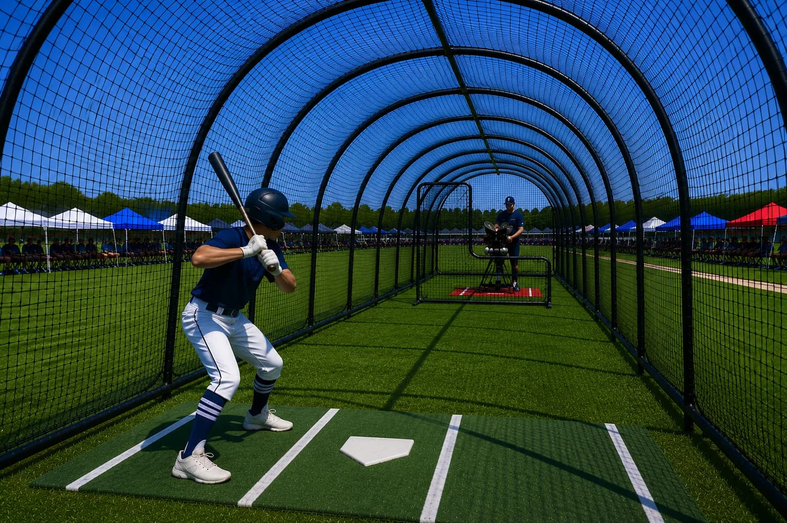 A player hitting inside the Inning Zero portable batting tunnel while an operator feeds the pitching machine, with tournament tents and spectators behind the netting