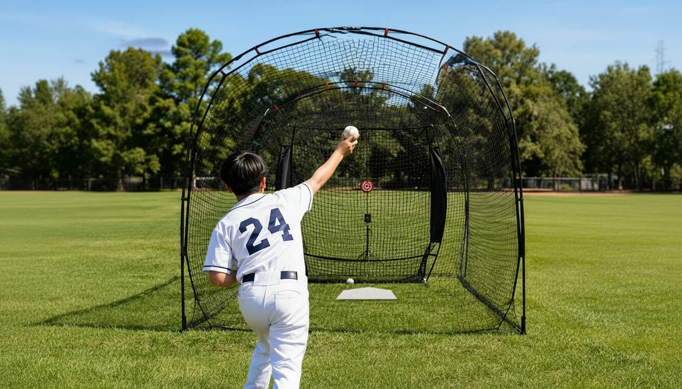 A young pitcher in uniform throwing into the Inning Zero speed station net on an open field