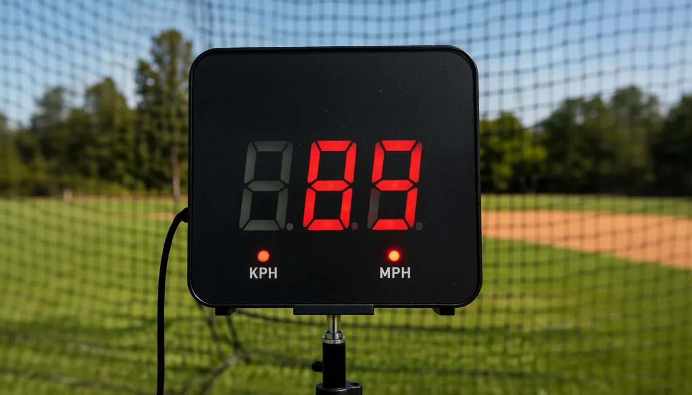 Close-up of the radar display mounted in front of the throwing net, with the ballfield behind it